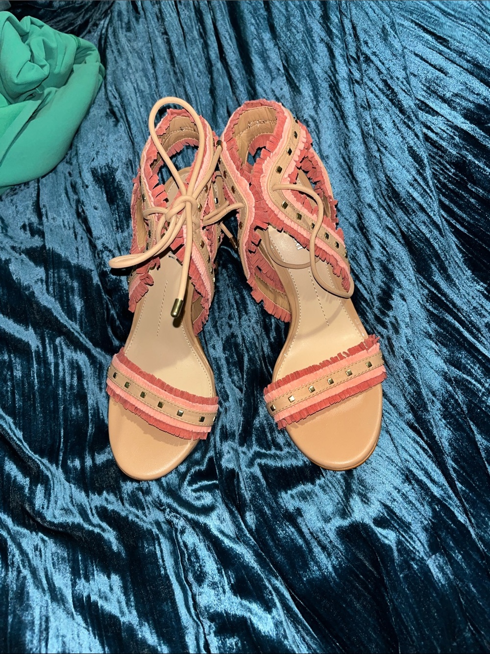 Gianni Bini Coral Pink Fringe Lace-Up Heels